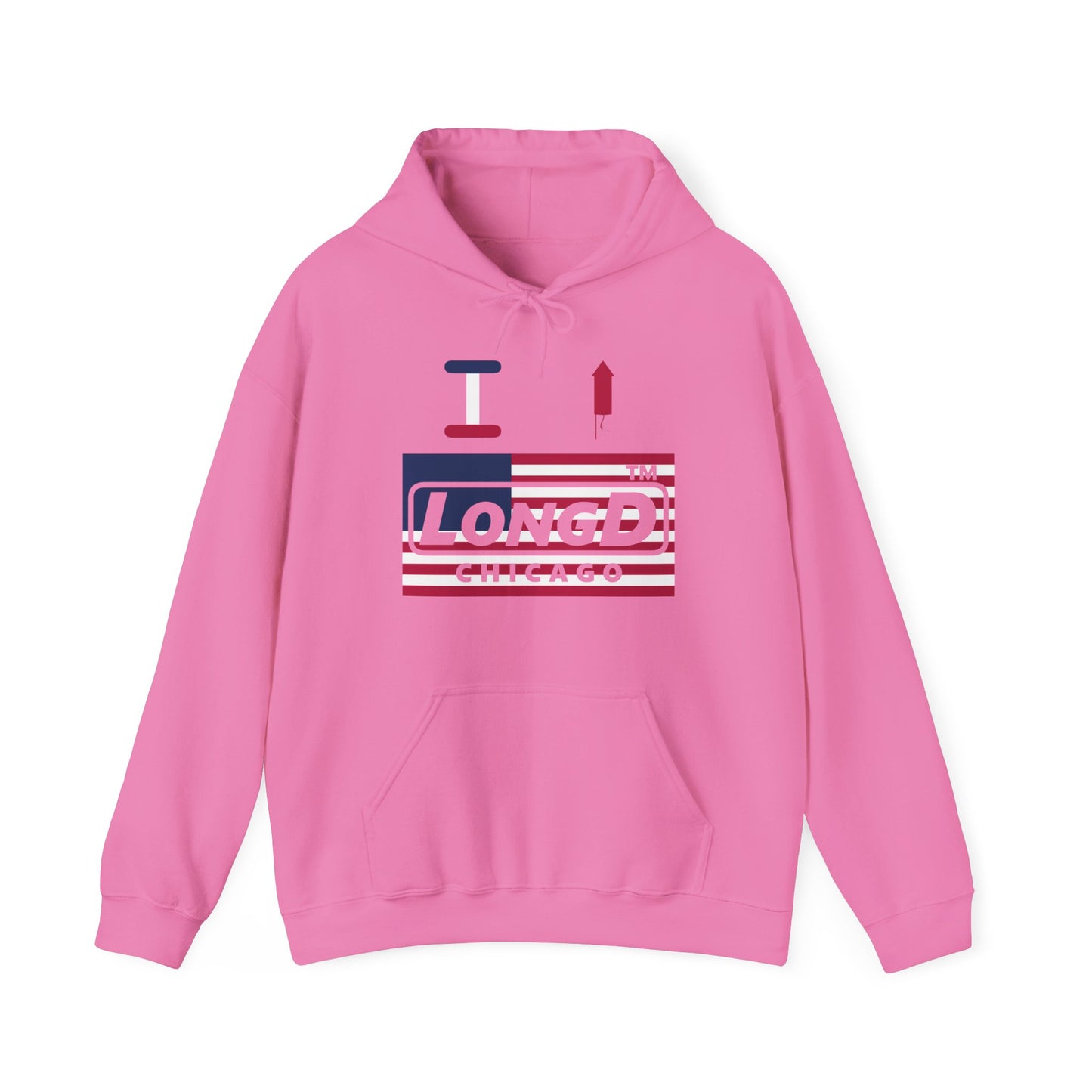 I firecracker LongD® negative flag front-back double breasted Chicago logo hoodie