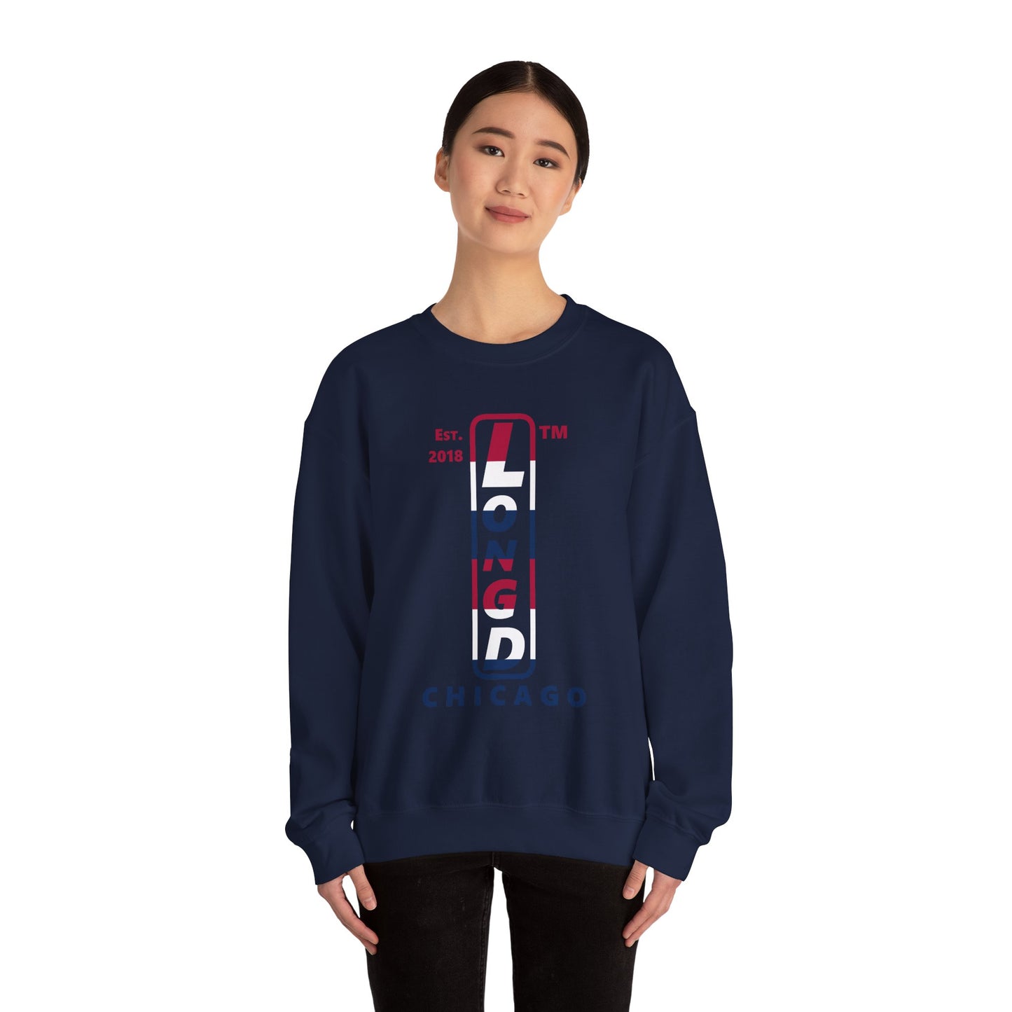 LongD positive horizontal 6-striped Chicago logo crewneck sweatshirt (patriotic colors)