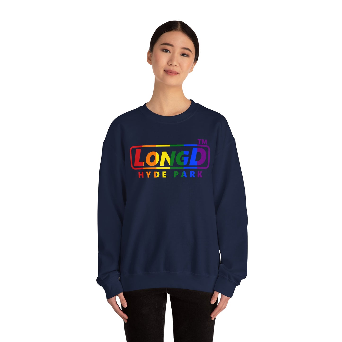 LongD positive vertical striped Hyde Park logo crewneck sweatshirt (Pride colors)