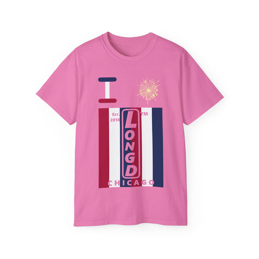 I Burst LongD cotton tee negative vertical 6-striped Chicago upright logo (Patriotic colors)