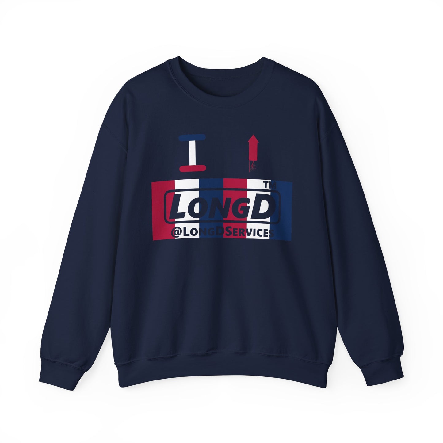 I firecracker LongD negative vertical 6-striped tag-domain logo crewneck sweatshirt