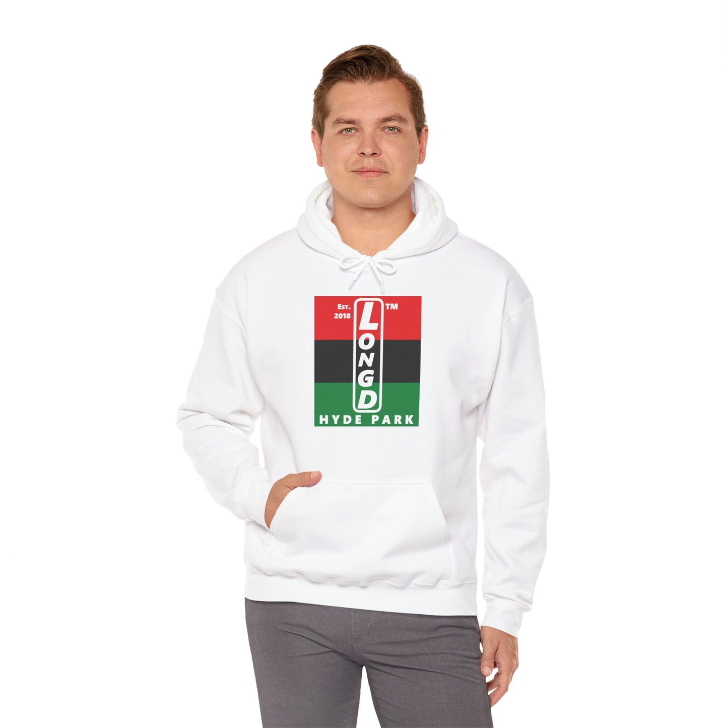LongD® negative horizontal 3-striped upright Hyde Park logo hoodie (Juneteenth colors)