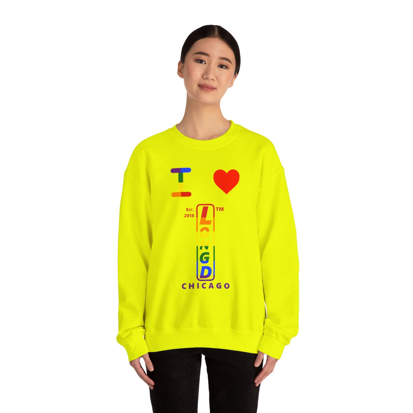 I Luv LongD positive horizontal 6-striped Chicago upright logo crewneck sweatshirt