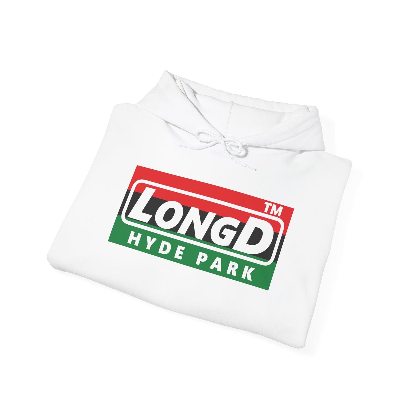 LongD® negative horizontal 3-striped Hyde Park logo Hoodie (Juneteenth colors)