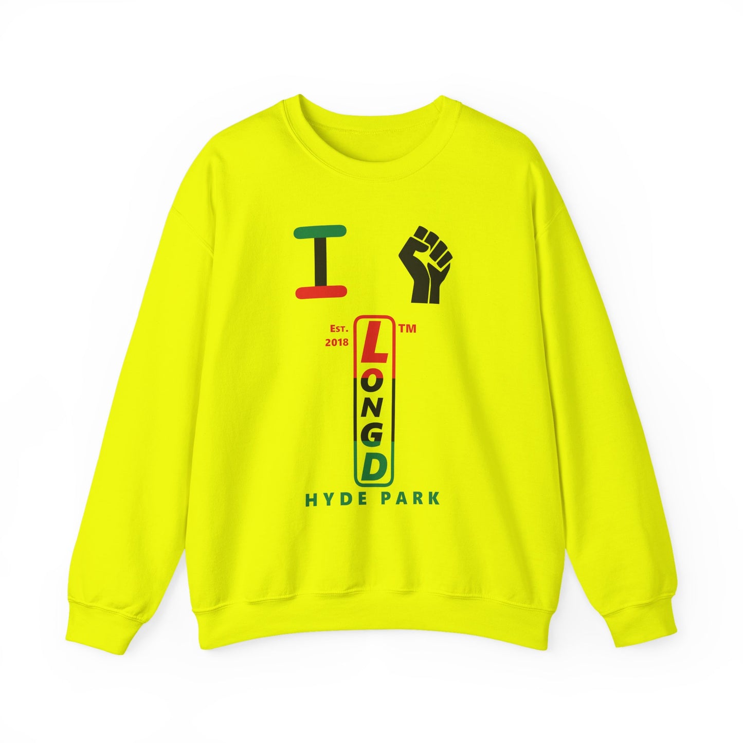 I Fist LongD positive horizontal 3-striped Hyde Park upright logo crewneck sweatshirt