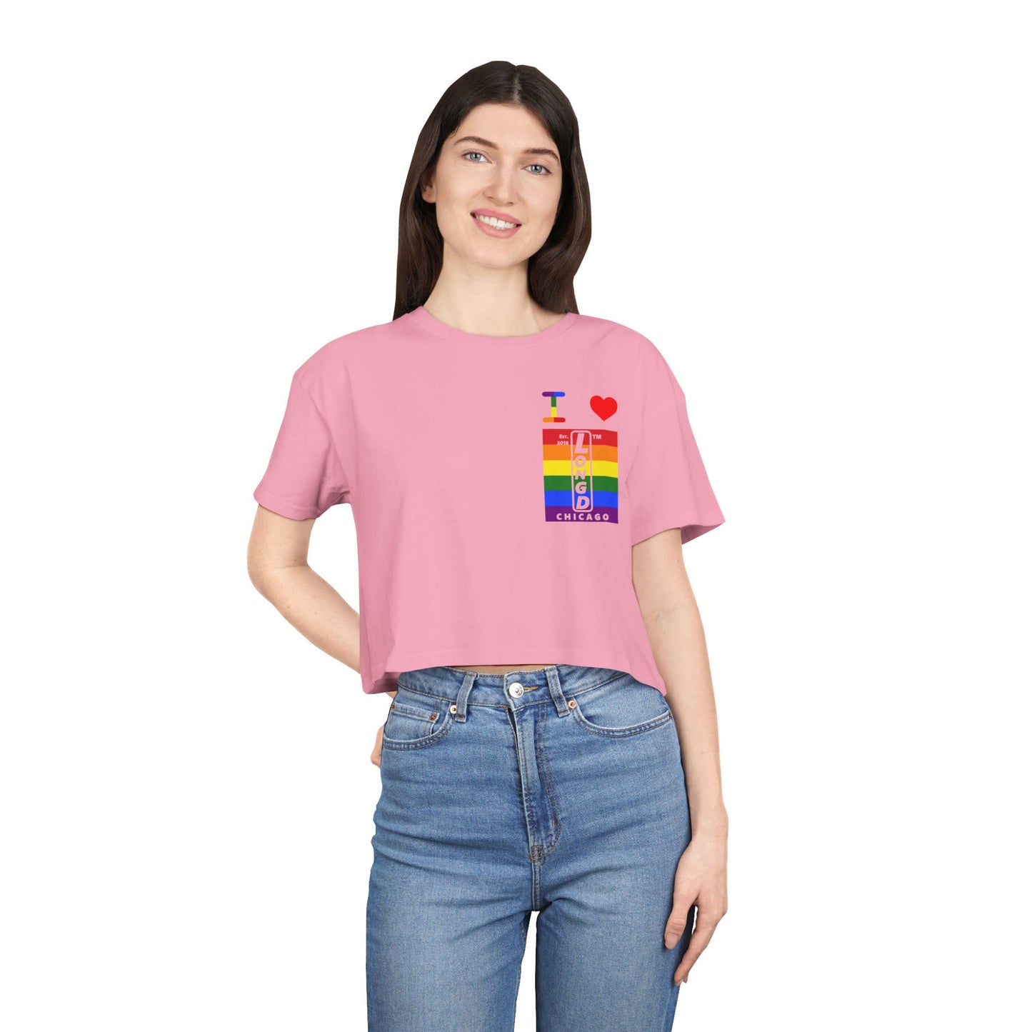 I Luv LongD Negative horizontal 6-striped upright single-breasted Chicago logo crop tee (Pride colors)