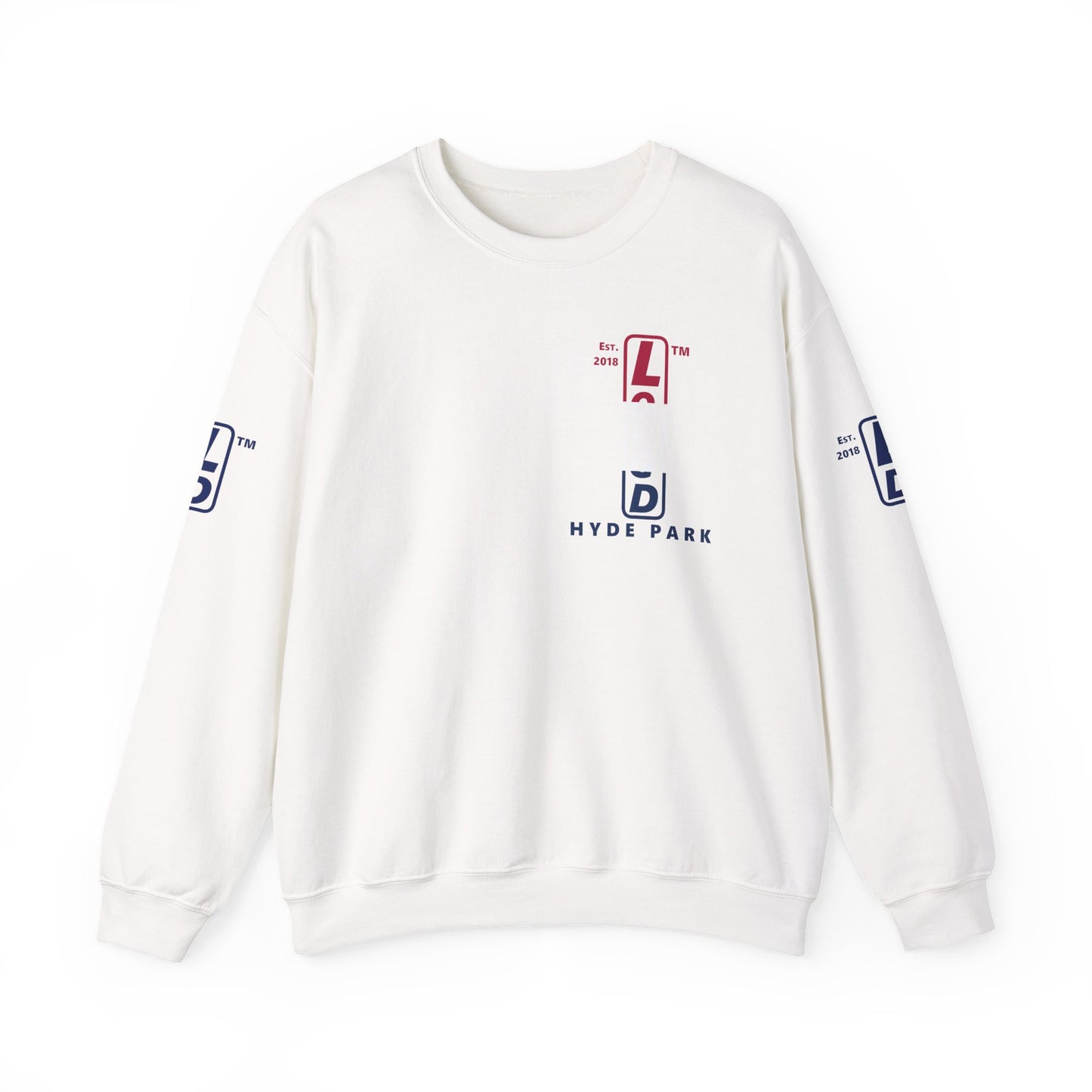 LongD positive horizontal 3-striped Hyde Park upright 4-print single-breasted logo crewneck sweatshirt (patriotic colors)