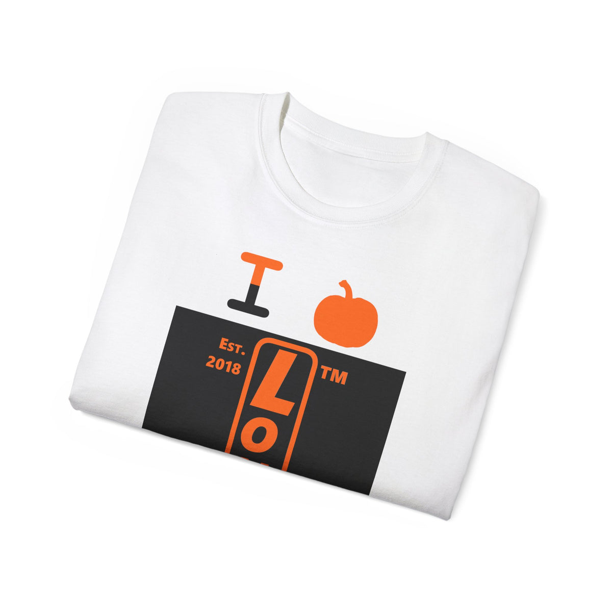 I pumpkin LongD Hyde Park upright logo positive orange on negative black cotton tee