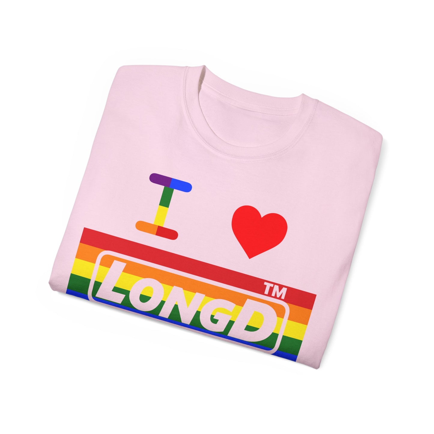 I Luv LongD negative horizontal striped front-back Chicago logo cotton tee (Pride colors)