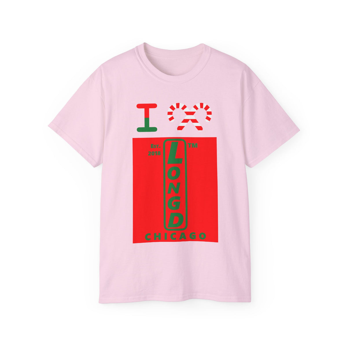I candy cane LongD Chicago upright logo positive green on negative red cotton tee