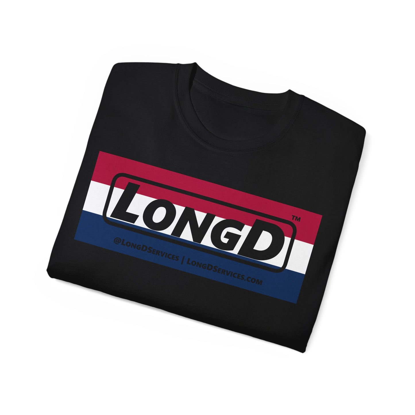 LongD® Logo Cotton Tee Red, White and Blue striped thirds negative text