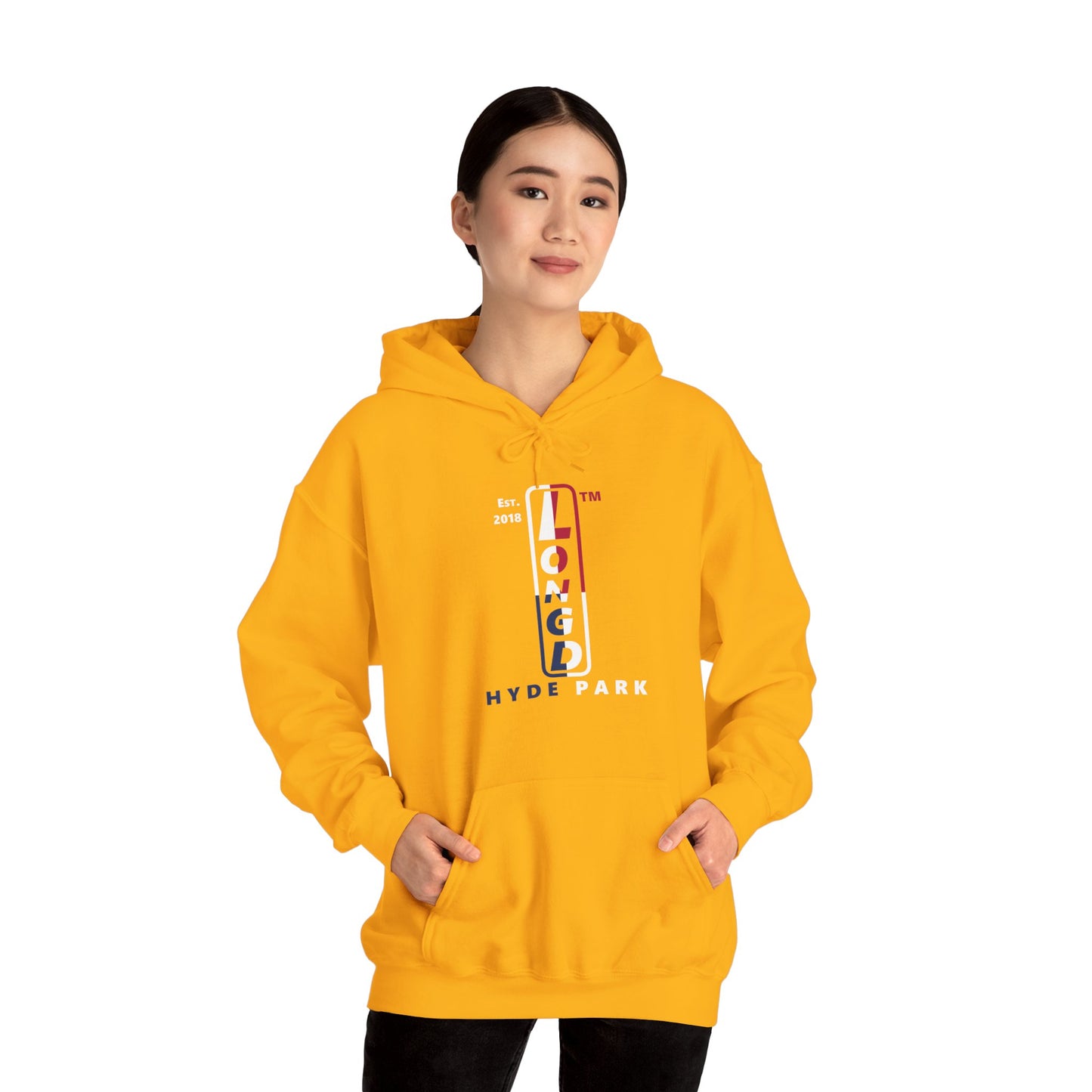 LongD® positive quarters upright Hyde Park logo hoodie (Patriotic colors)