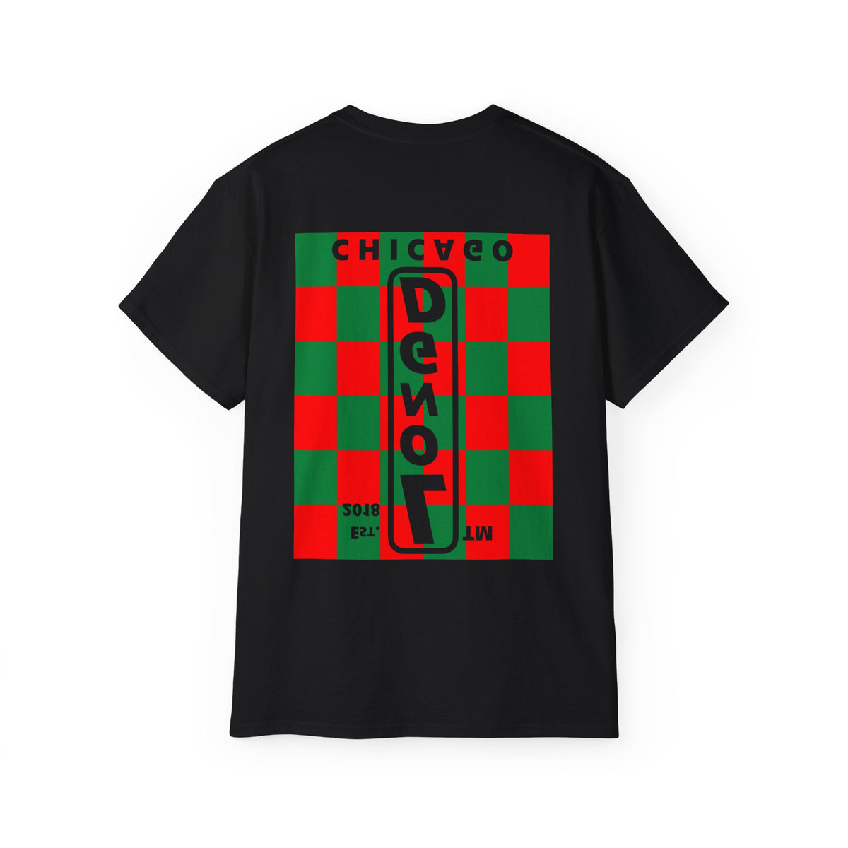 LongD Chicago negative upright checkered front-back logo (Xmas colors) cotton tee