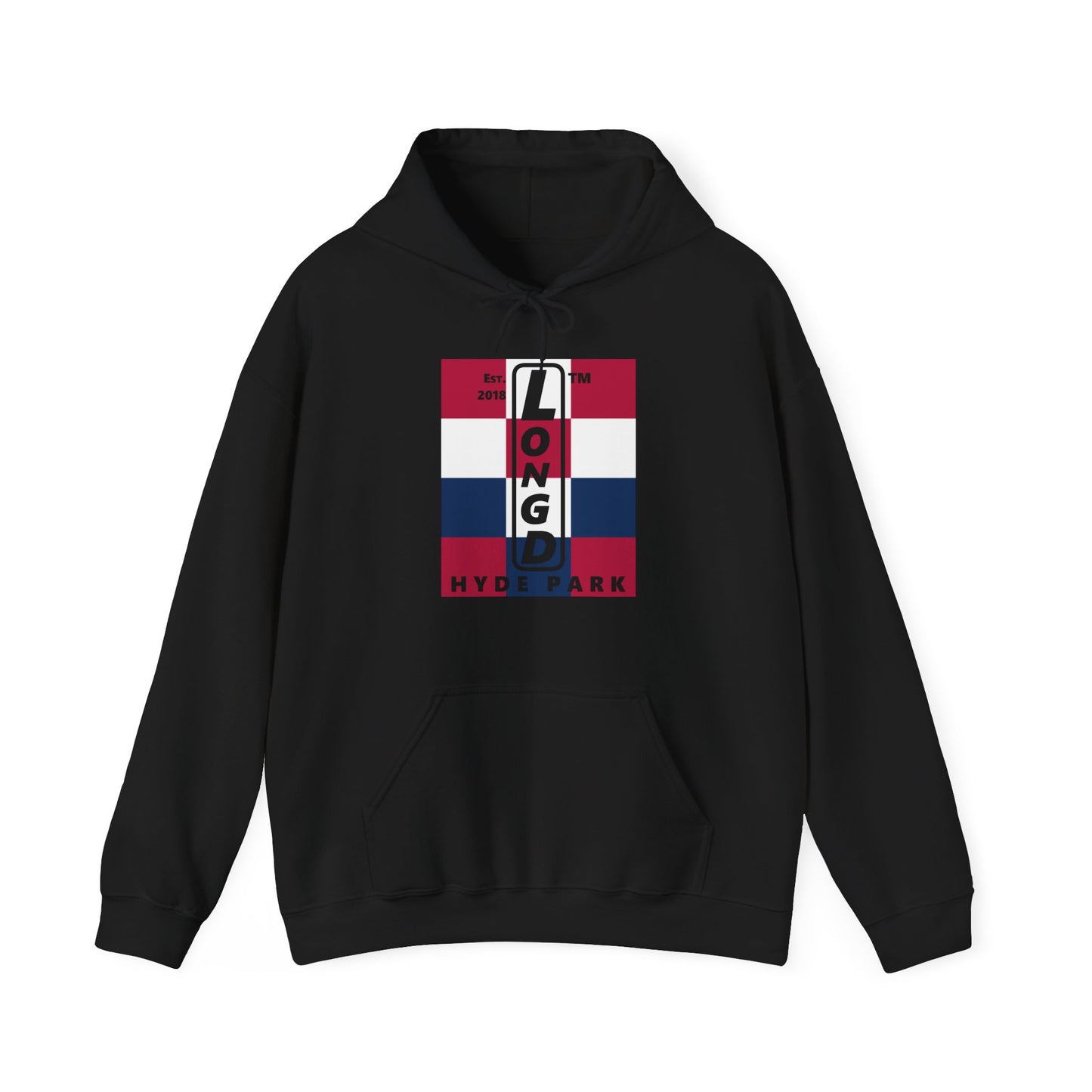LongD® negative 4x3 upright Hyde Park logo hoodie (Patriotic colors)