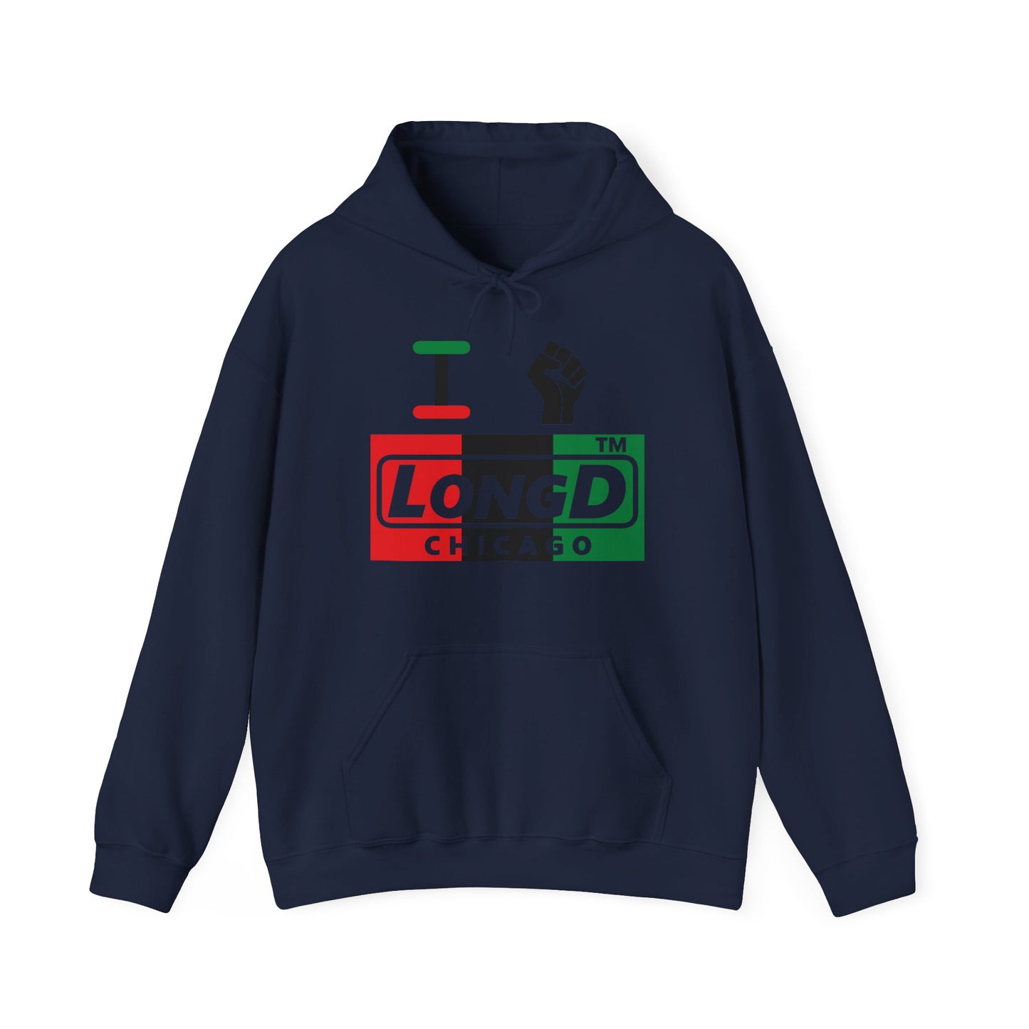 I fist LongD® negative vertical 3-striped Chicago logo Hoodie (Juneteenth colors)