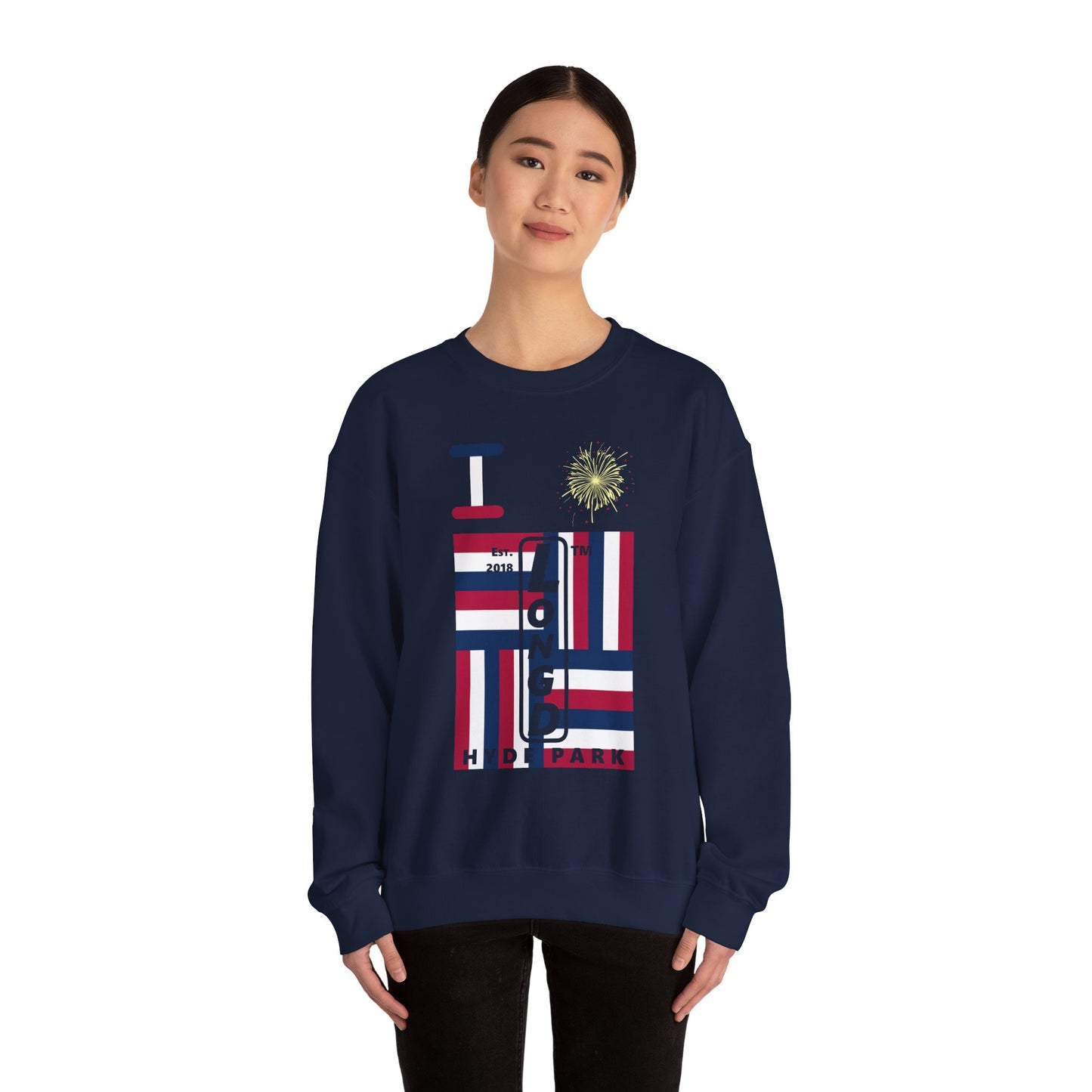 I Burst LongD negative windmill Hyde Park upright front-back logo crewneck sweatshirt