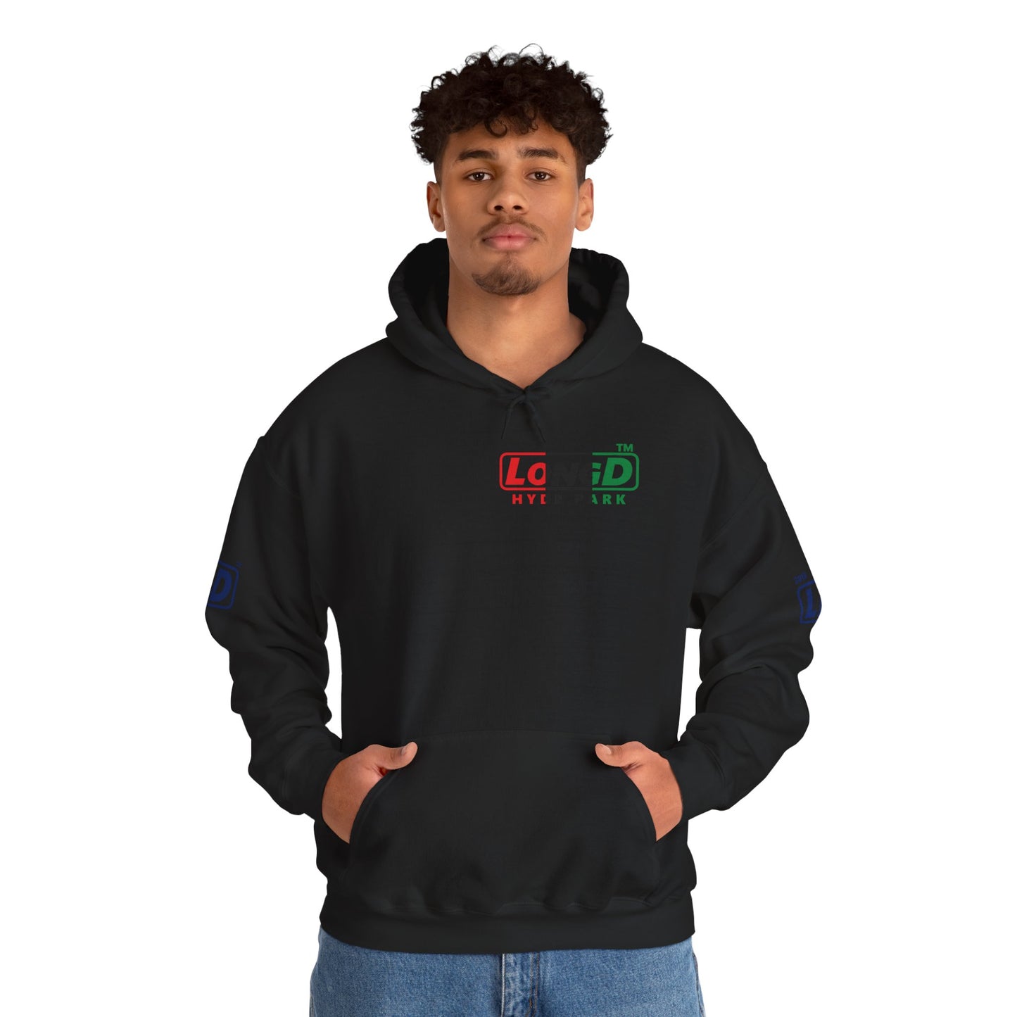 LongD® positive vertical 3-striped 4-print single-breasted Hyde Park logo Hoodie (Juneteenth colors)