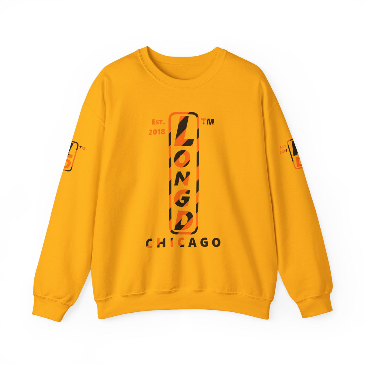 LongD Chicago positive upright pixel-weighted 12-striped 4-print logo (Halloween colors) crewneck sweatshirt