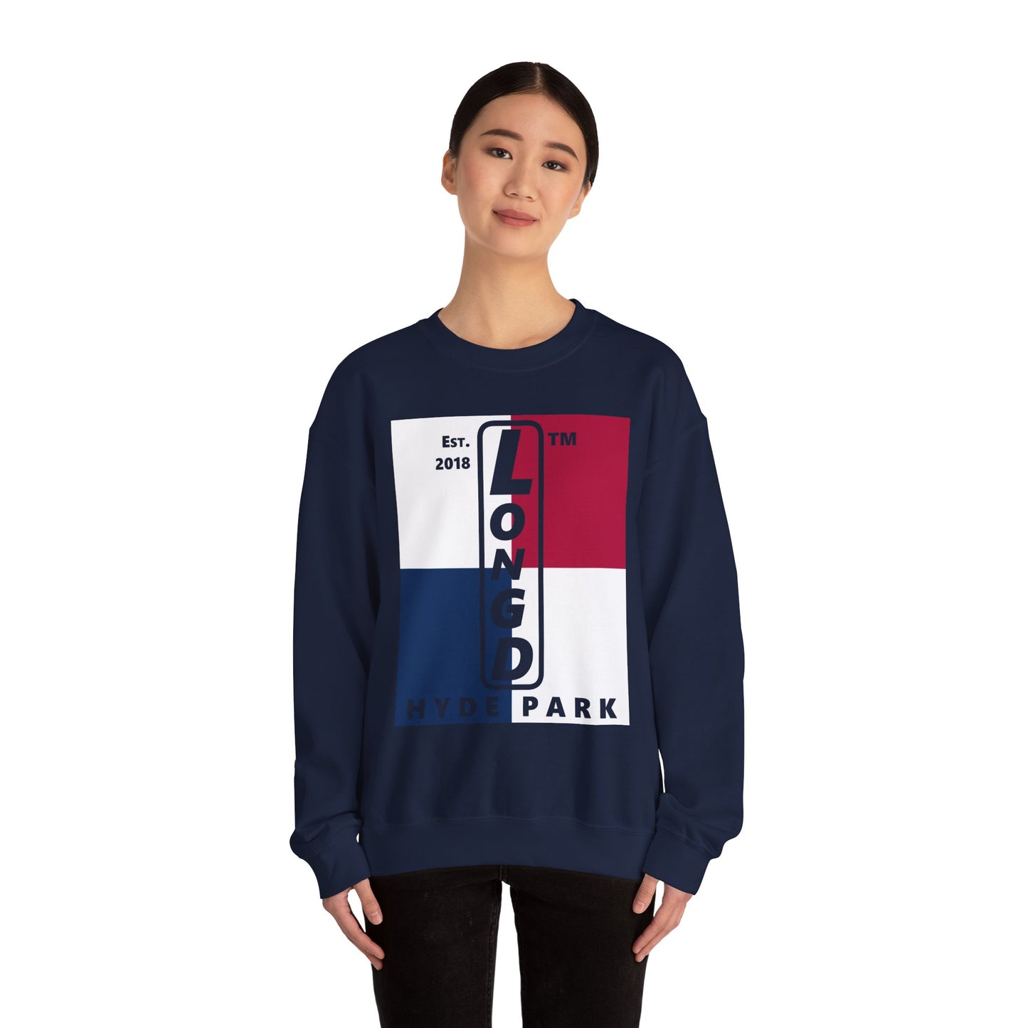 LongD negative quarters Hyde Park upright logo crewneck sweatshirt (patriotic colors)