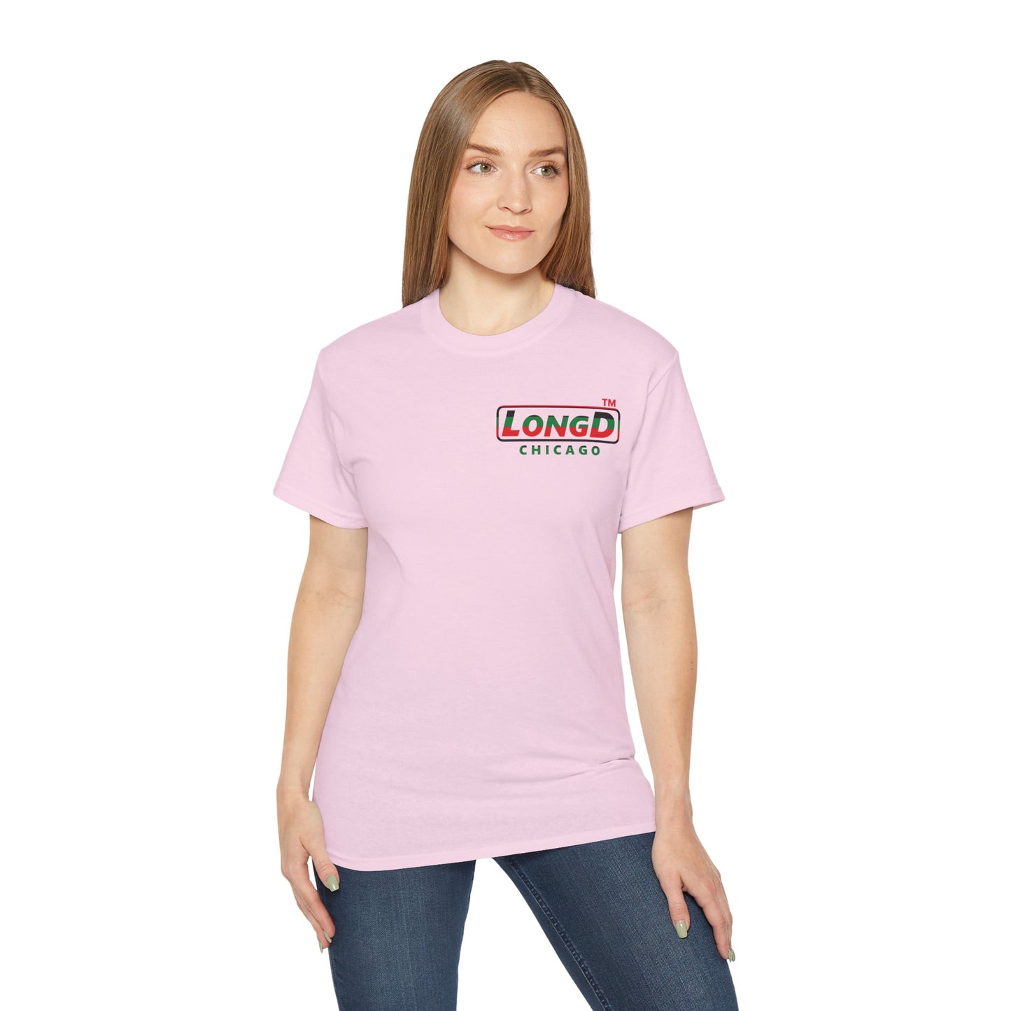 LongD positive horizontal 6-striped Chicago logo single-breasted front-back cotton tee (Juneteenth colors)