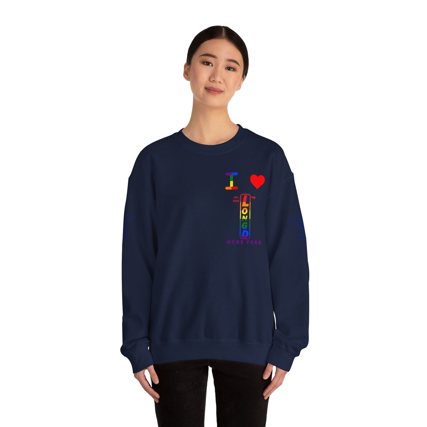 I Luv LongD positive horizontal 6-striped Hyde Park upright 4-print single-breasted logo crewneck sweatshirt (Pride colors)