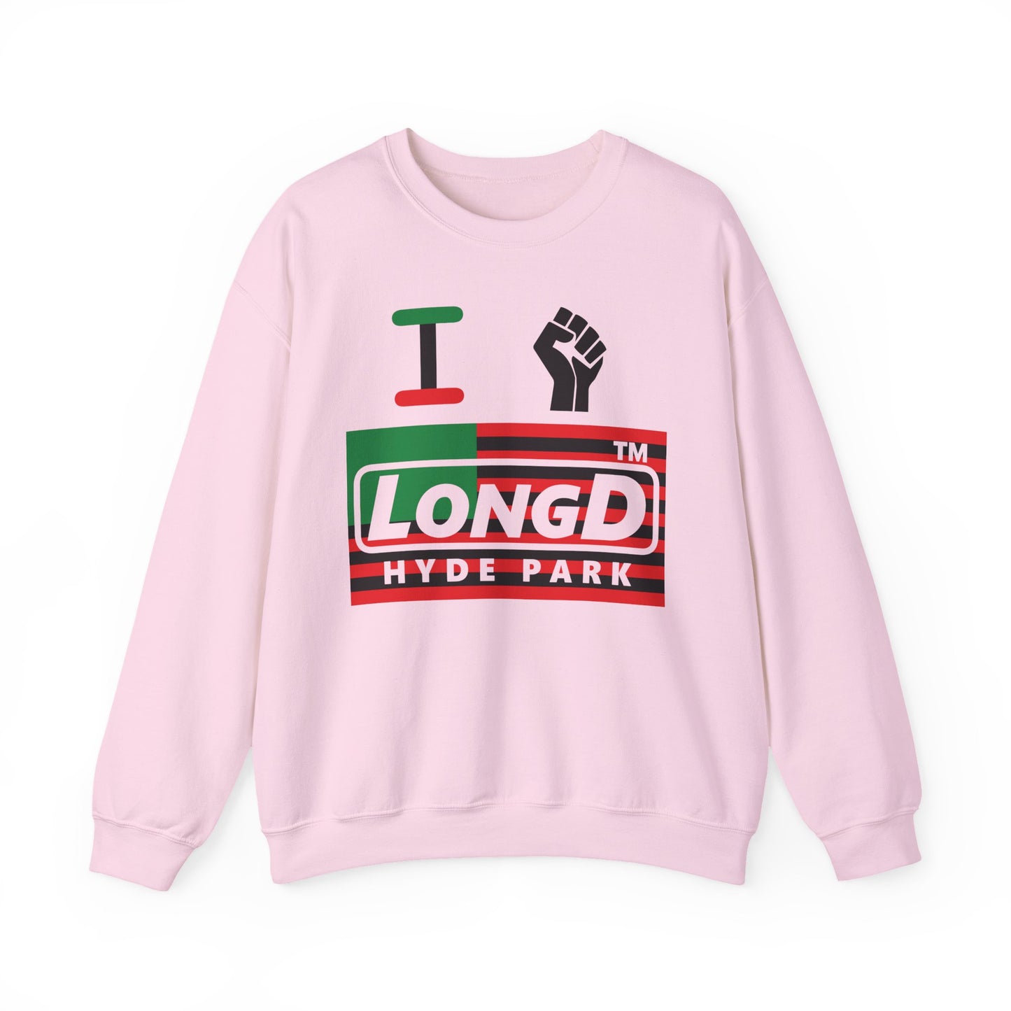 I fist LongD negative flag Hyde Park logo crewneck sweatshirt