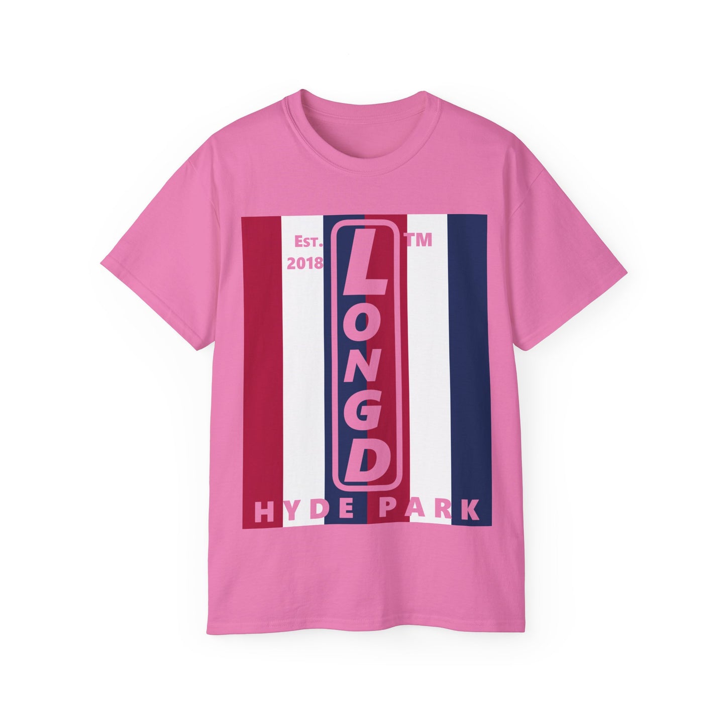 LongD cotton tee negative vertical 6-striped Hyde Park upright logo (Patriotic colors)