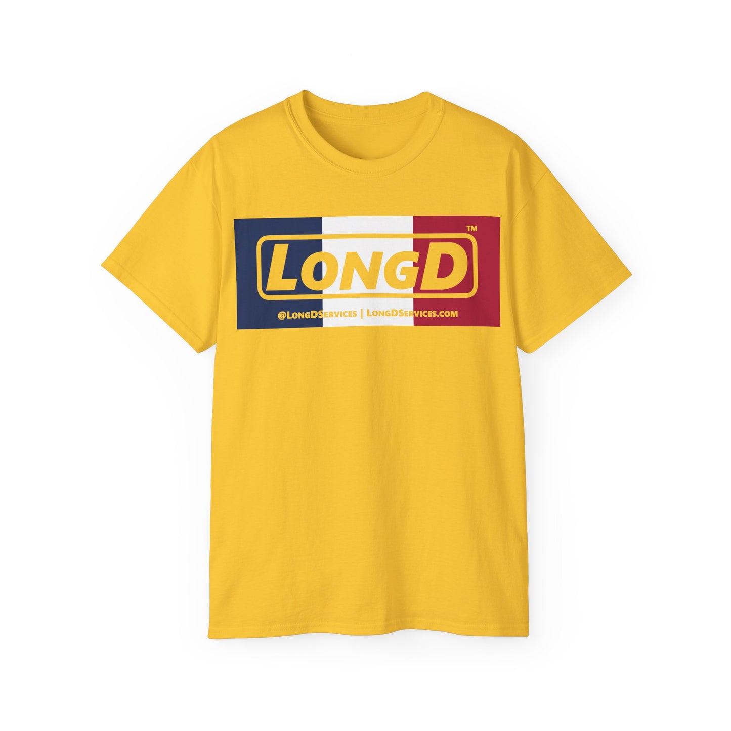 LongD® Logo Cotton Tee Blue, White and Red negative thirds text