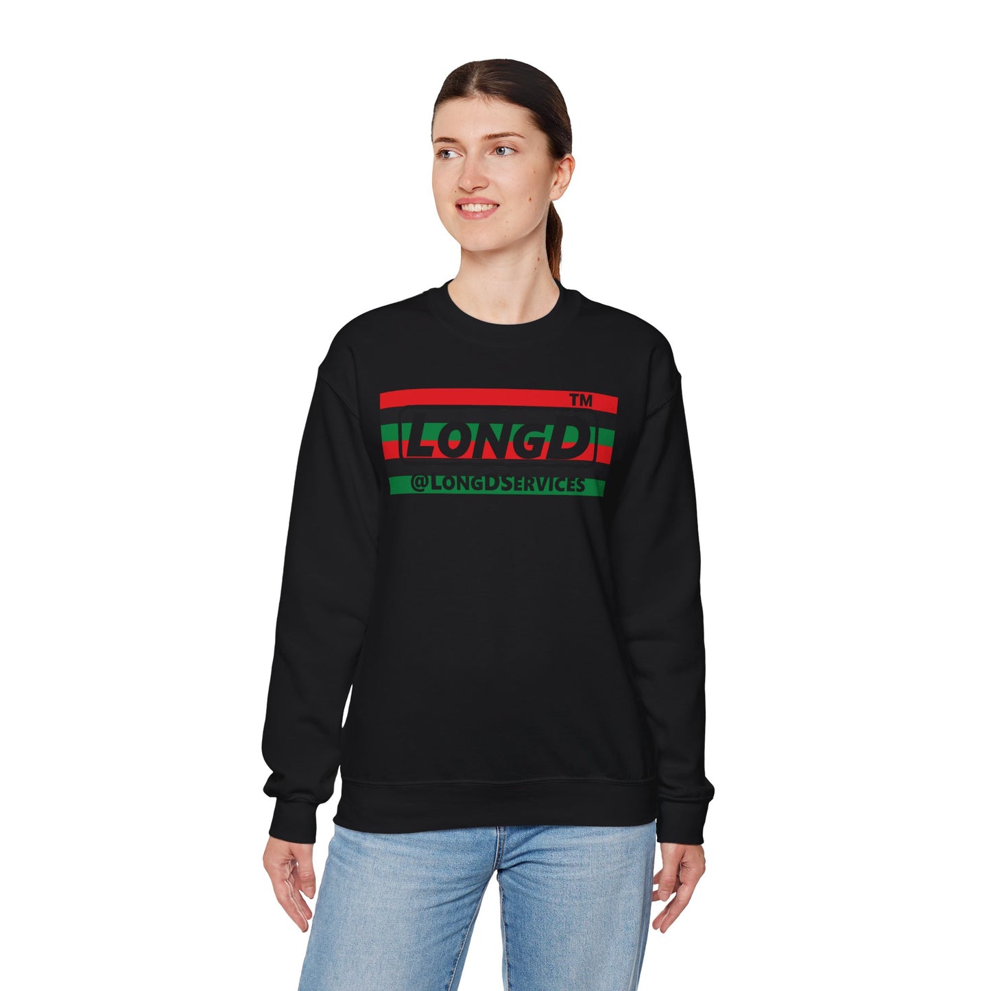 LongD negative horizontal 6-striped Chicago logo crewneck sweatshirt (Juneteenth colors)