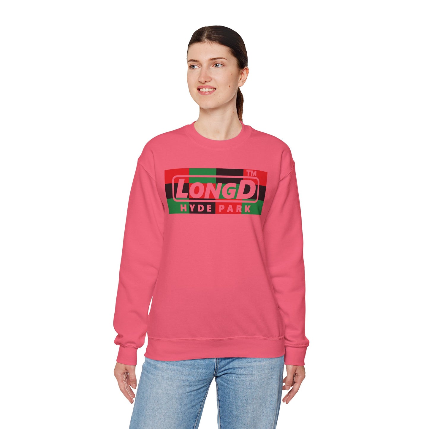 LongD negative 3x4 Hyde Park logo crewneck sweatshirt (Juneteenth colors)