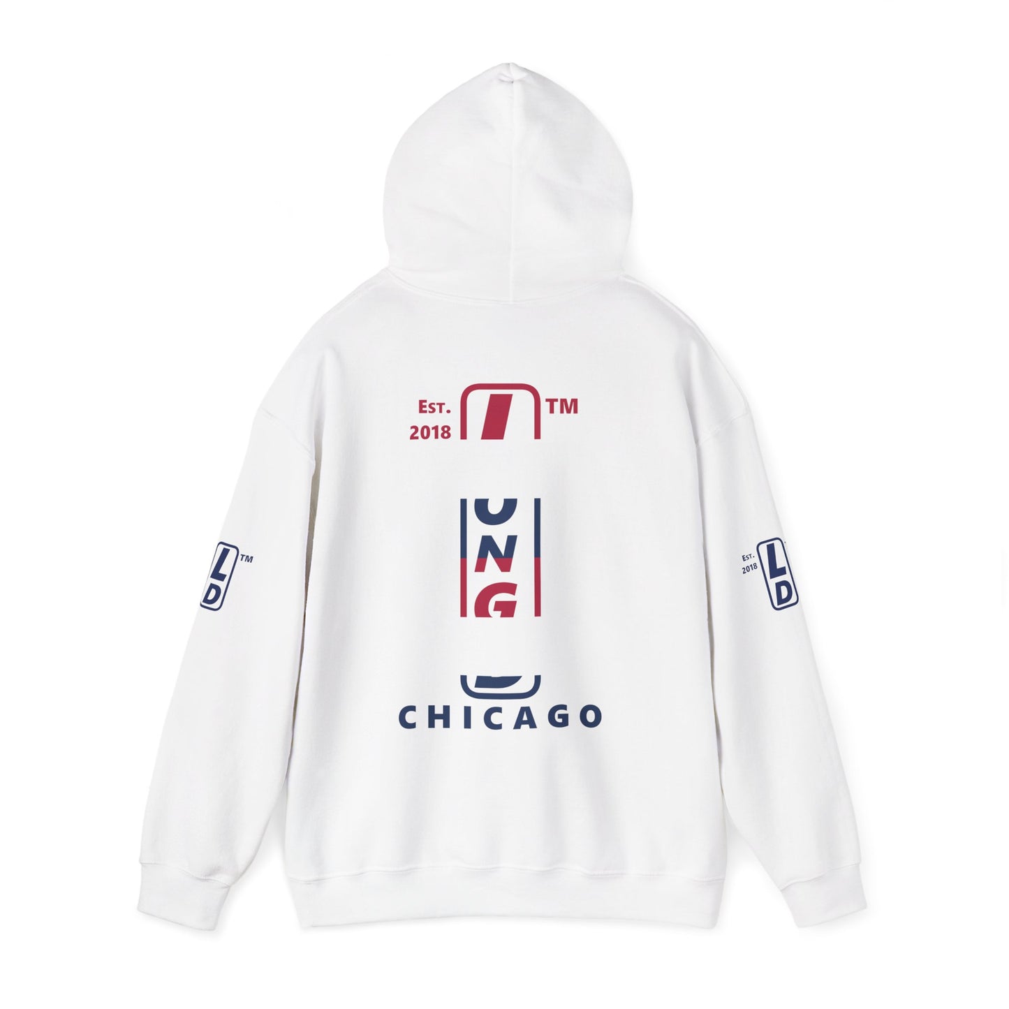 LongD® positive horizontal 6-striped Chicago 4-print upright logo hoodie (patriotic colors)