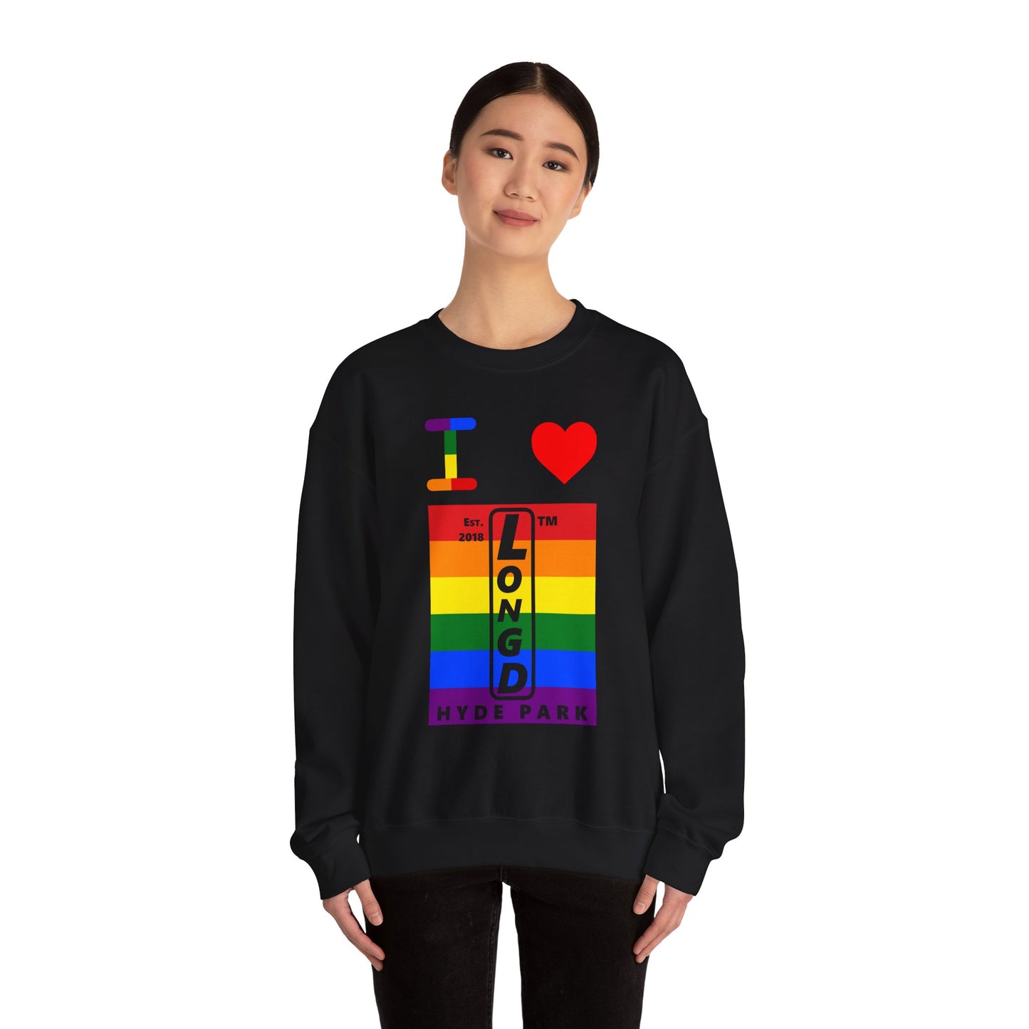 I Luv LongD negative horizontal 6-striped Hyde Park upright logo crewneck sweatshirt