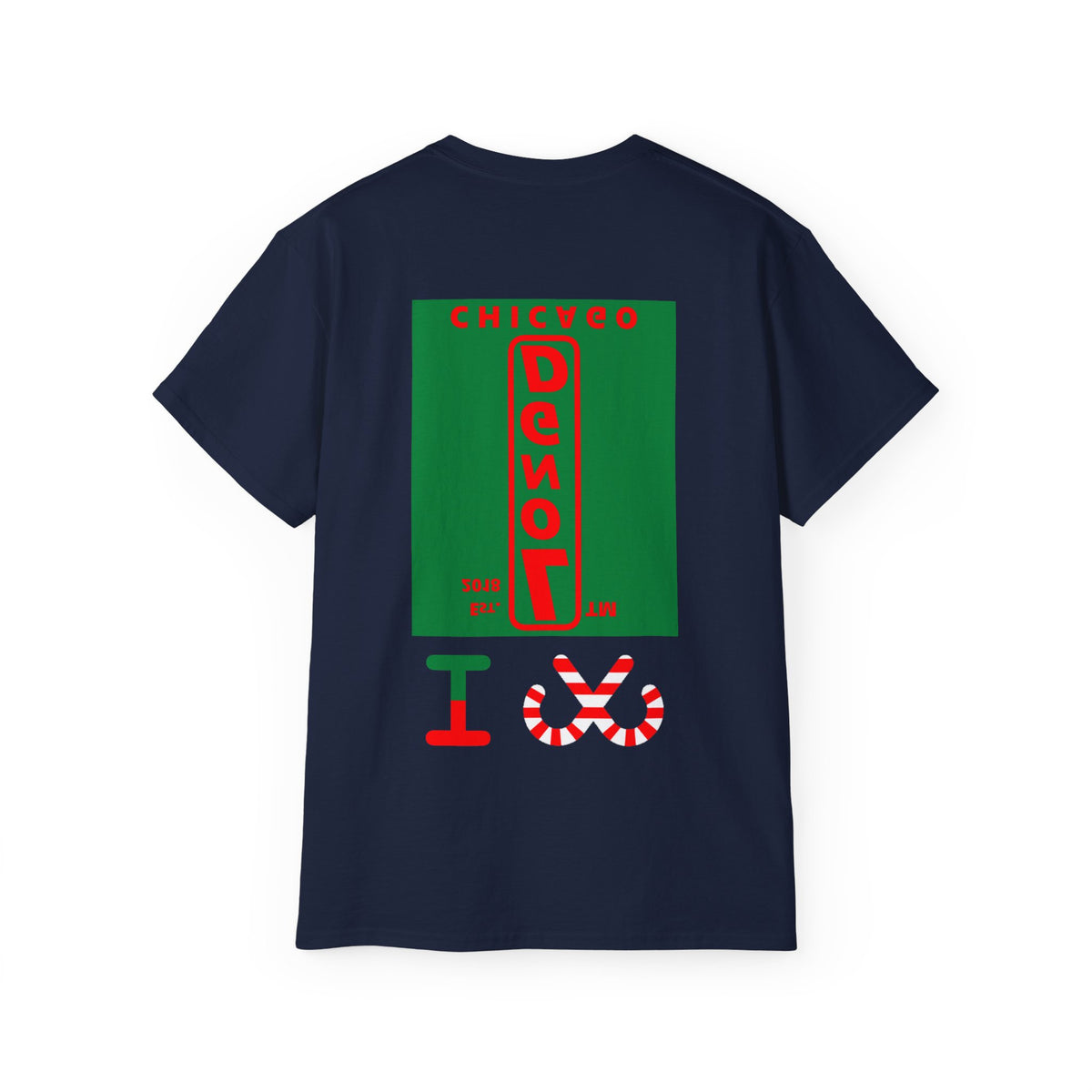 I candy cane LongD Chicago upright front-back logo positive red on negative green cotton tee