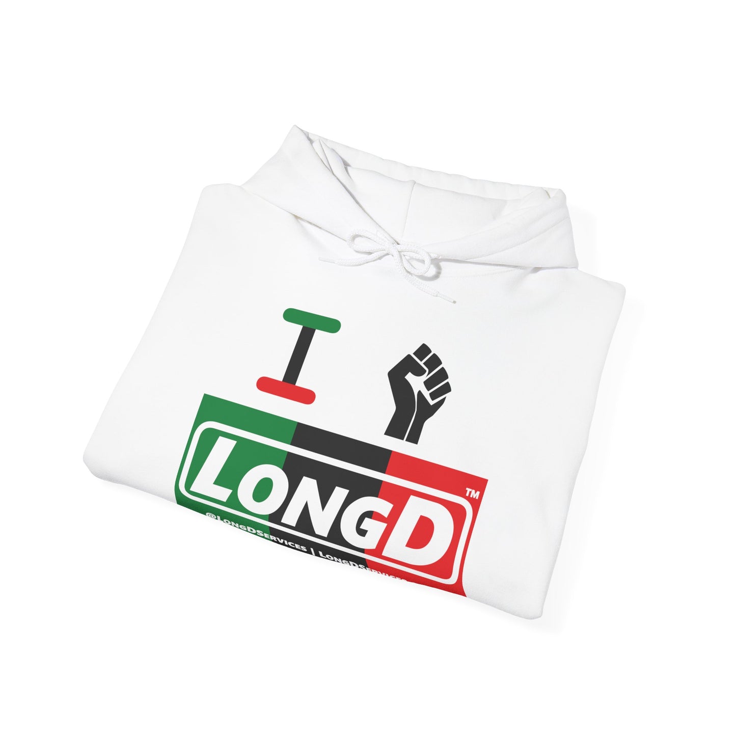 I Fist LongD® Logo Hoodie with Juneteenth black fist negative thirds text