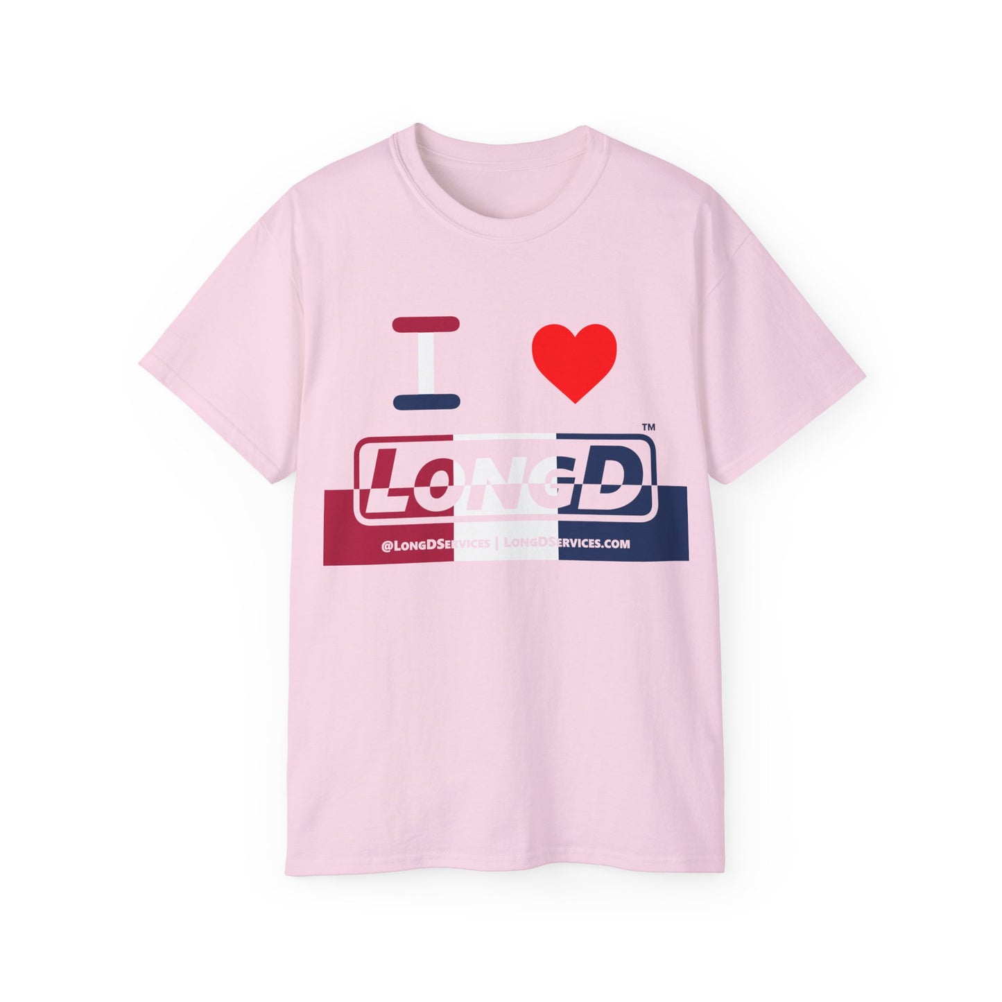 I Luv LongD® Logo Cotton Tee Red, White and Blue positive top negative bottom split thirds text