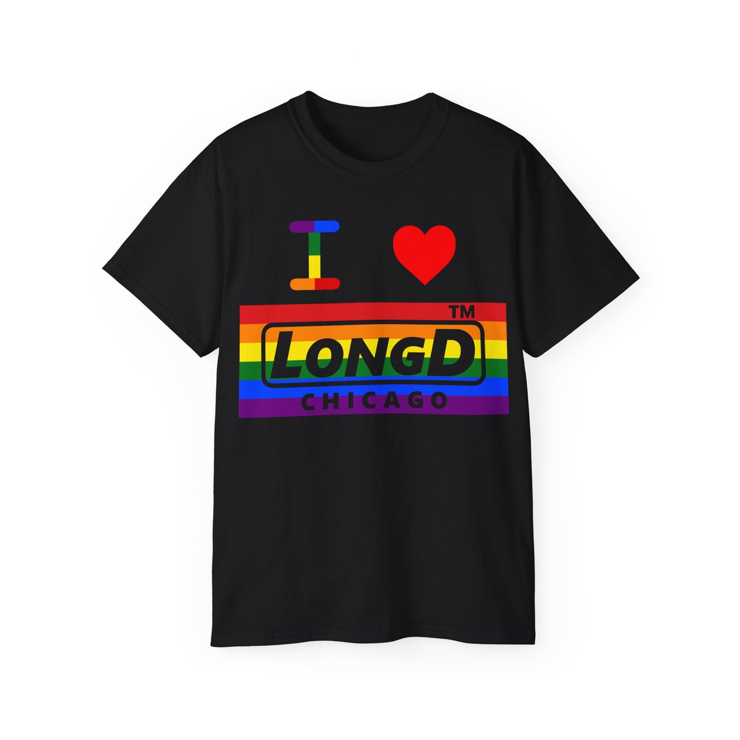 I Luv LongD negative horizontal striped Chicago logo cotton tee (Pride colors)