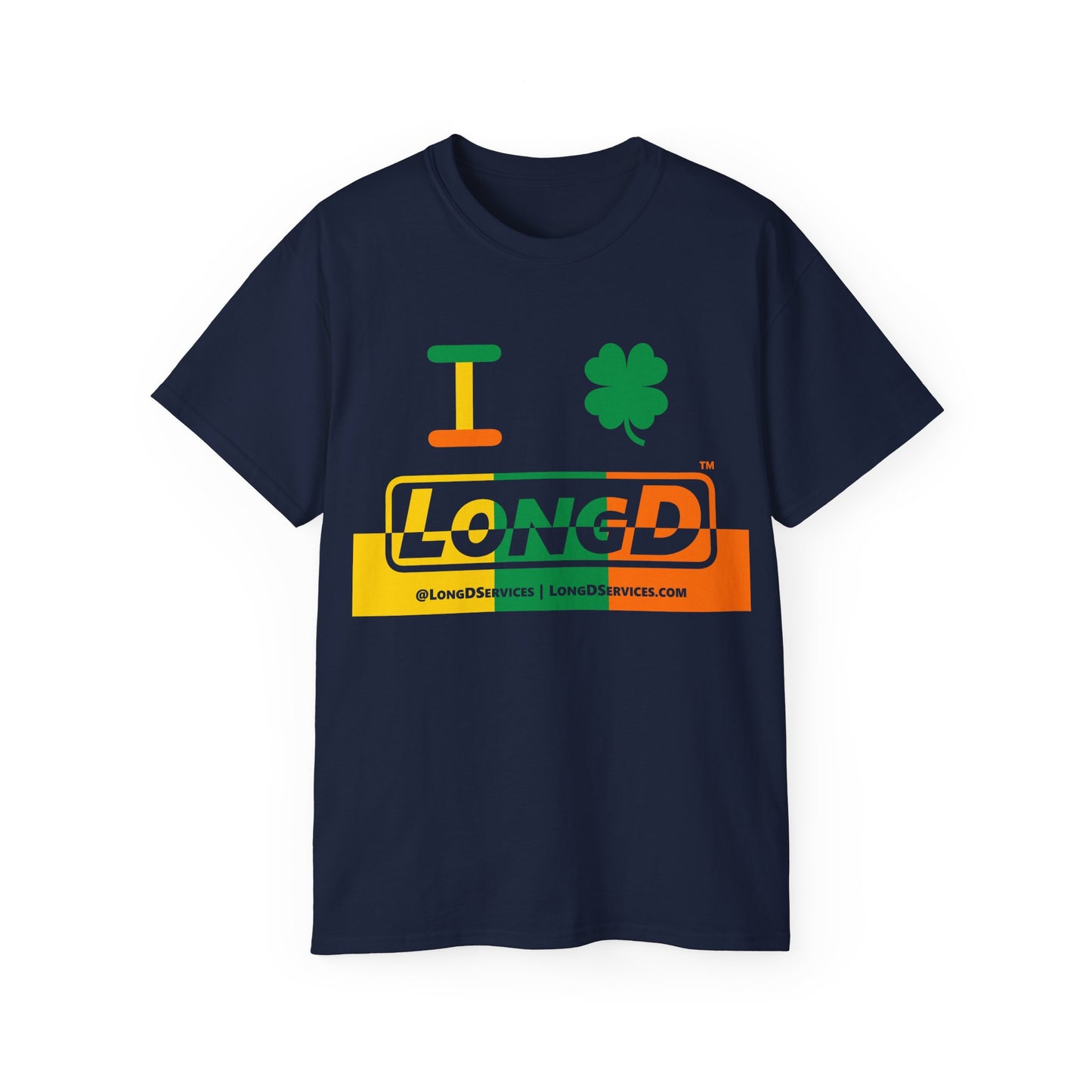 I Clover LongD® Logo Cotton Tee (St. Patrick's Day -Irish Green, Golden Yellow and Irish Orange thirds top-bottom positive-negative split with 4-leaf clover)