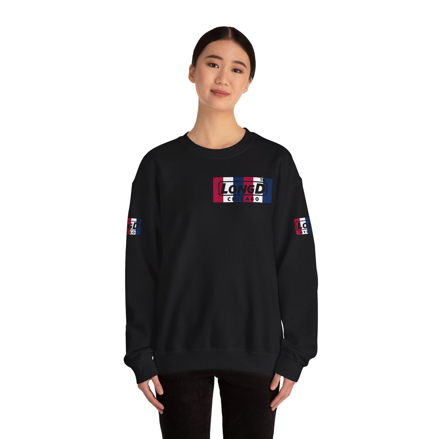 LongD negative vertical 6-striped 4-print single-breasted Chicago logo crewneck sweatshirt (patriotic colors)