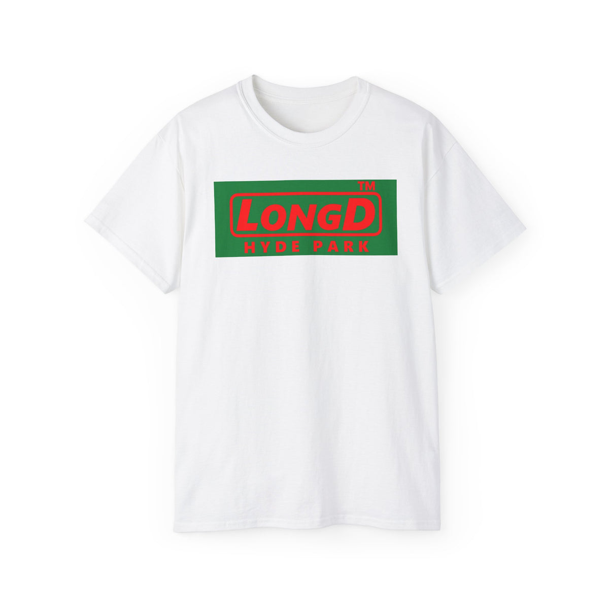 LongD Hyde Park logo positive red on negative green (Xmas colors) cotton tee