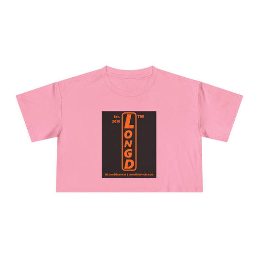 LongD Tag-domain upright logo positive orange on negative black (Halloween colors) crop tee