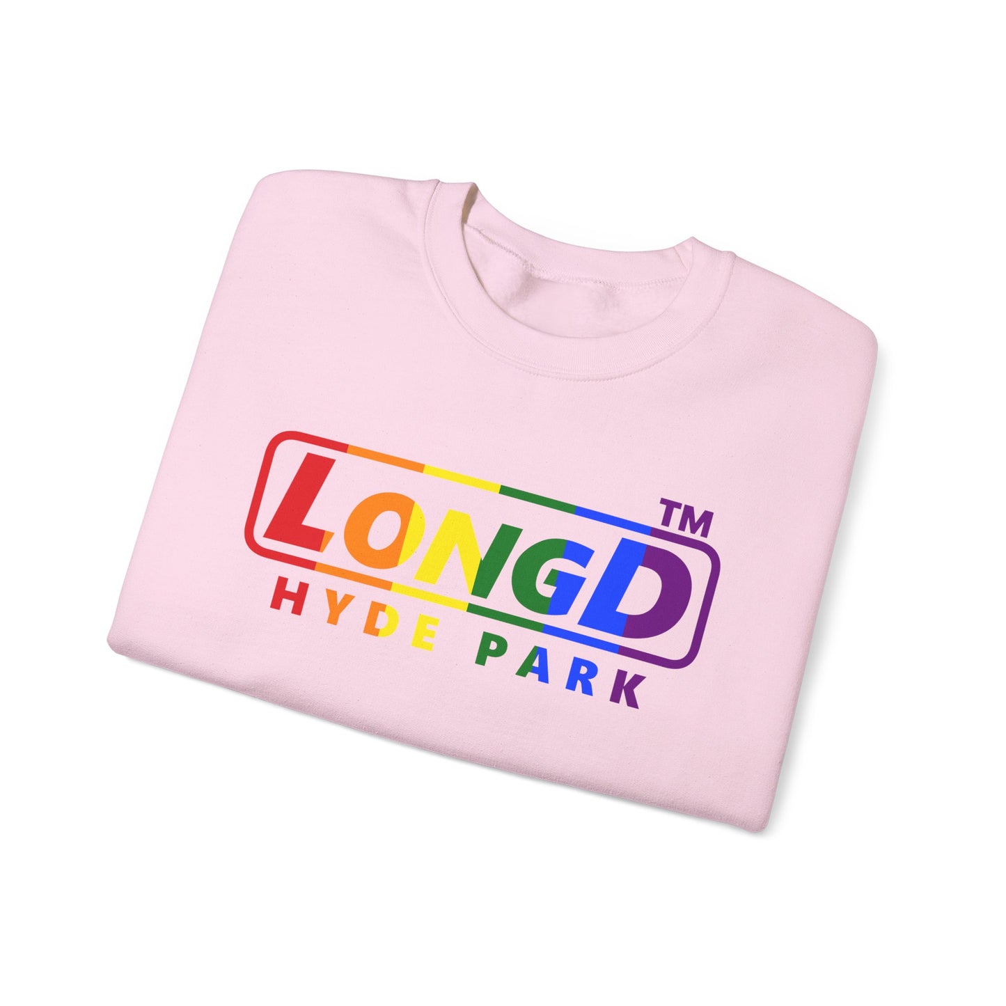 LongD positive vertical striped Hyde Park logo crewneck sweatshirt (Pride colors)