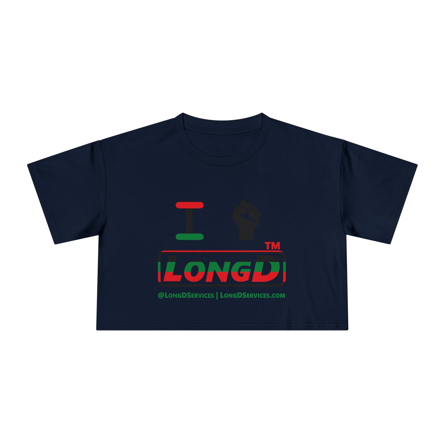 I fist LongD positive horizontal 6-striped tag-domain logo crop tee