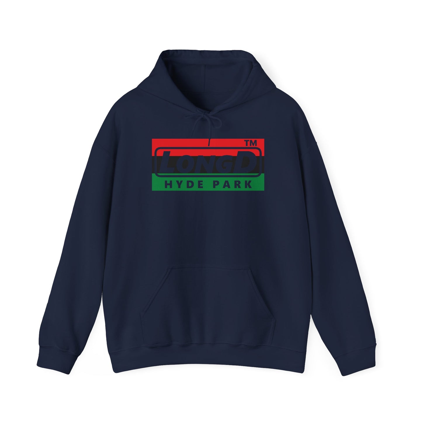 LongD® negative horizontal 3-striped Hyde Park logo Hoodie (Juneteenth colors)