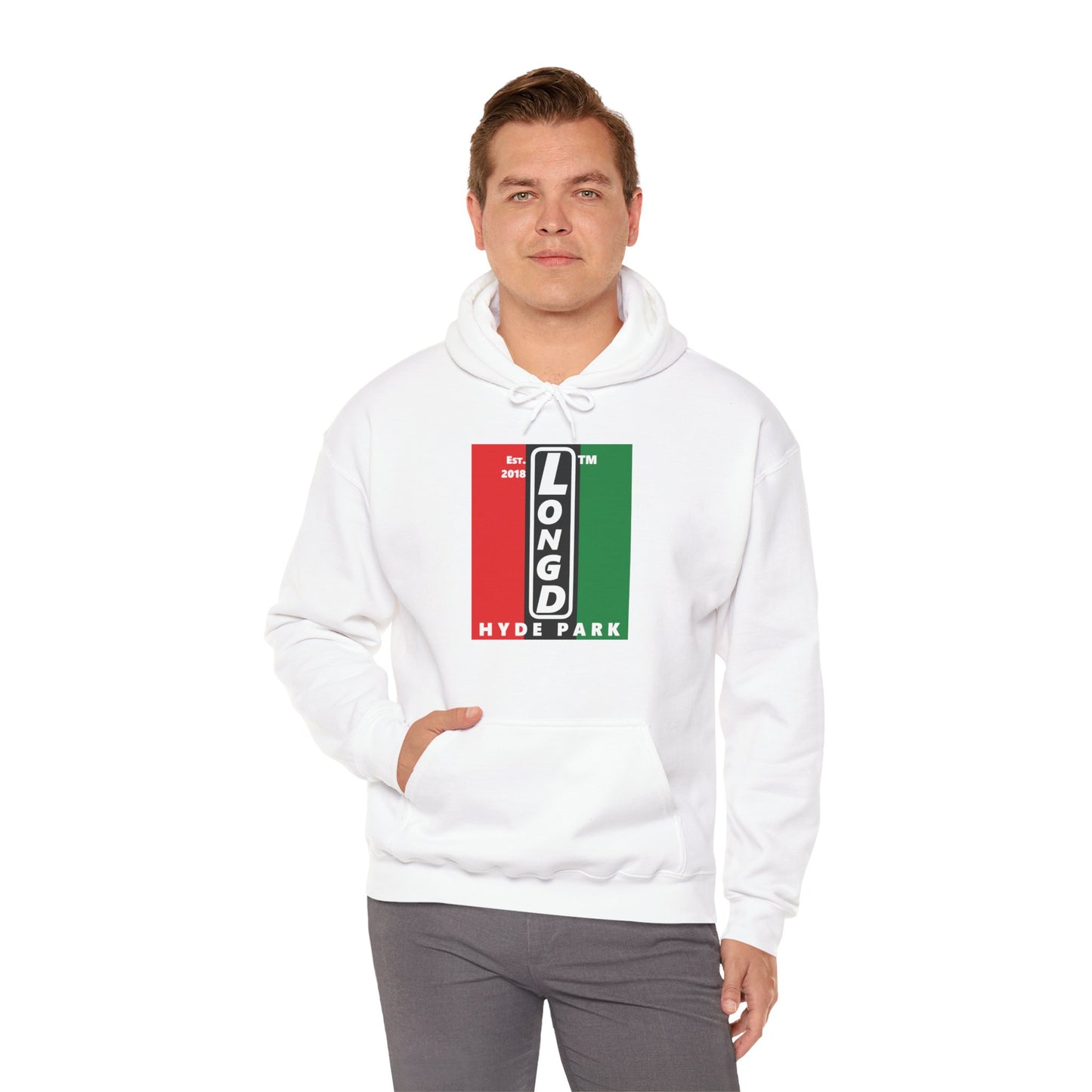 LongD® negative vertical 3-striped upright Hyde Park logo hoodie (Juneteenth colors)