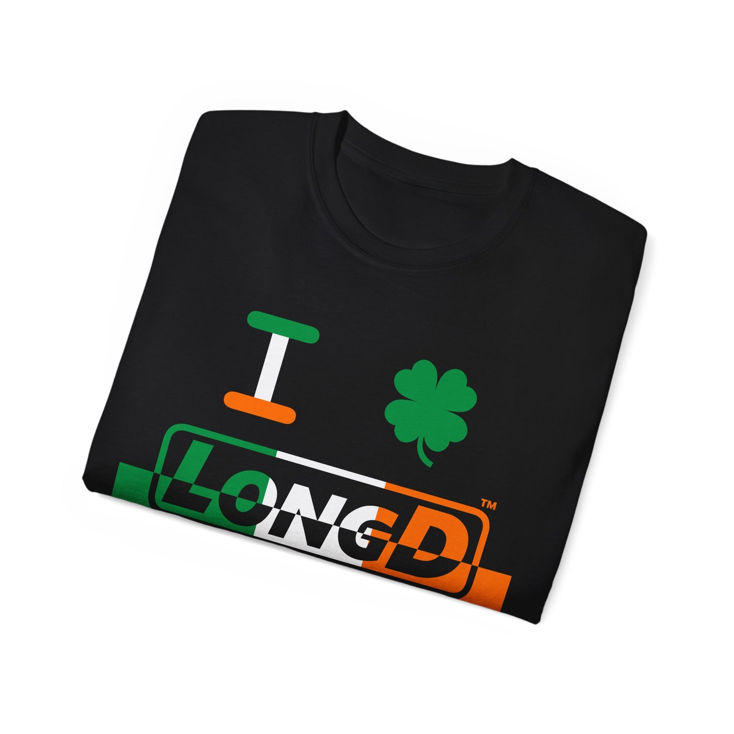 I Clover LongD® Logo Cotton Tee (St. Patrick's Day -Irish Green, White and Irish Orange thirds top-bottom positive-negative split with 4-leaf clover)