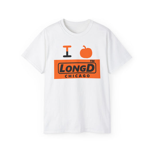 I pumpkin LongD Chicago logo positive black on negative orange cotton tee