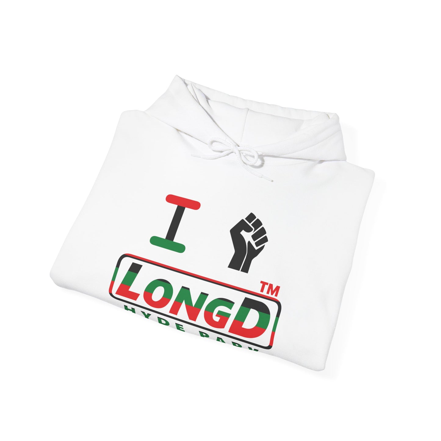 I fist LongD® positive horizontal 6-striped Hyde Park logo Hoodie (Juneteenth colors)