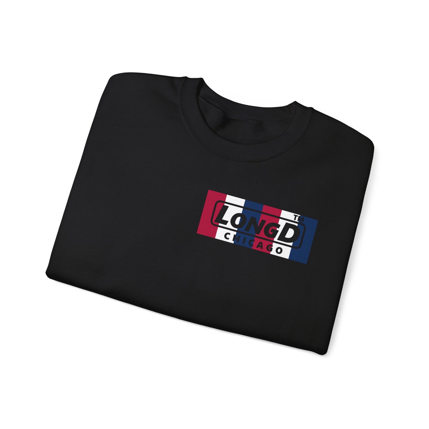 LongD negative vertical 6-striped 4-print single-breasted Chicago logo crewneck sweatshirt (patriotic colors)