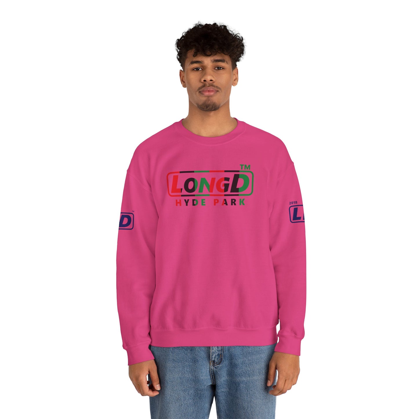 LongD positive vertical 6-striped 4-print Hyde Park logo crewneck sweatshirt (Juneteenth colors)