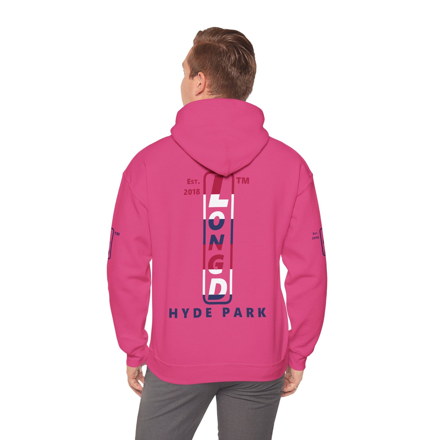 LongD® positive horizontal 6-striped Hyde Park 4-print upright logo hoodie (patriotic colors)